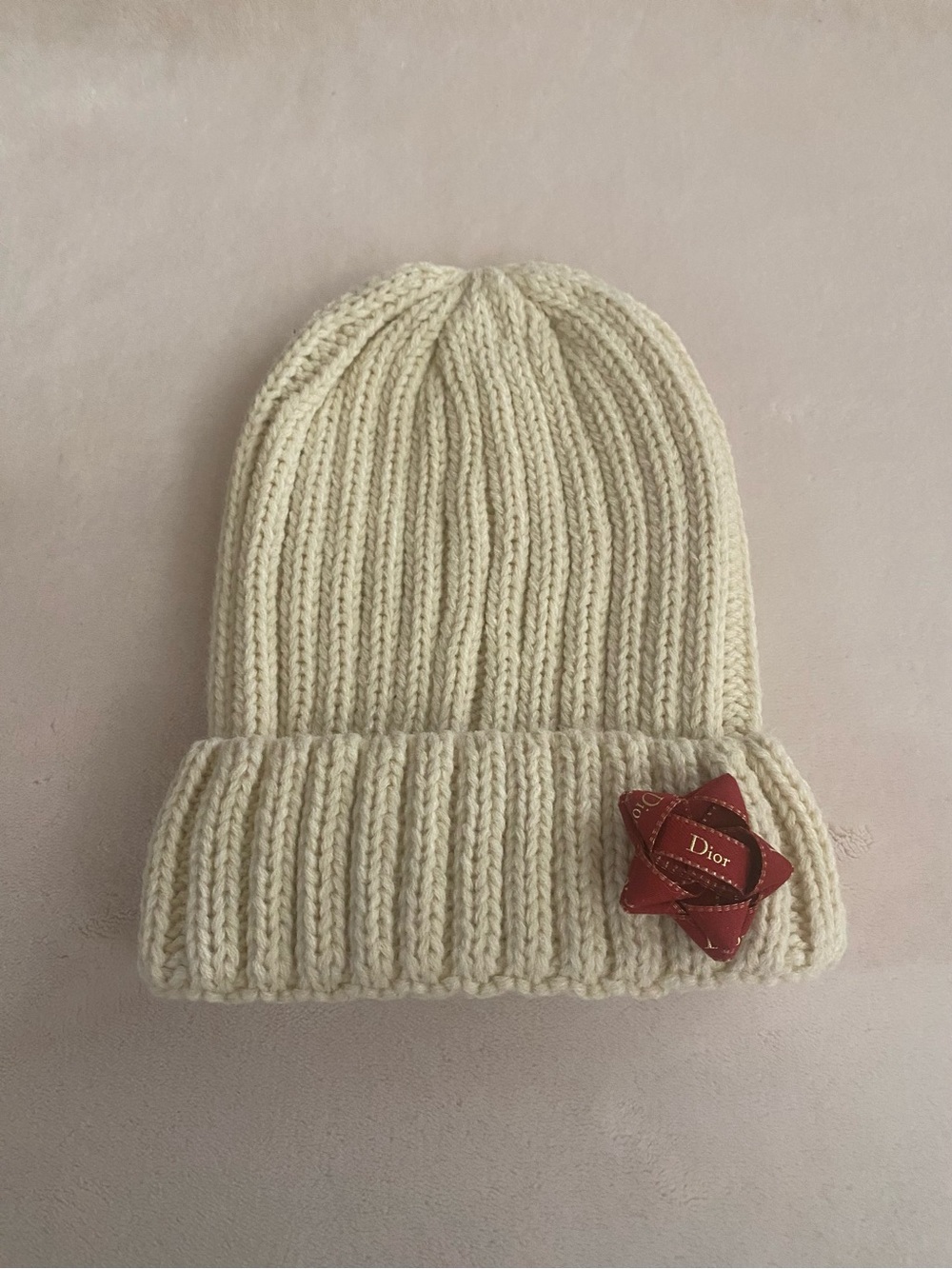 Cream Knit Beanie with Dior Ribbon Bow Pin